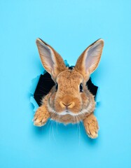 Fototapeta premium Osterhase schaut aus Loch in blauer Wand
