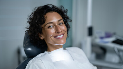 Cosmetic dentistry in action, laser teeth whitening procedure in a modern dental clinic; close-up view of a patient reclining in a dental chair while a dentist performs professiona