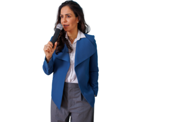 Businesswoman giving speech holding microphone, delivering presentation, training, coaching, and public speaking, with transparent background