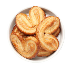 Yummy palmiers (palm tree, elephant ear or pig's ear) isolated on white, top view. French pastry