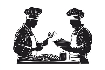 Culinary Collaboration: Two chef silhouettes, with one preparing food and the other presenting a dish, highlighting teamwork and expertise in a professional kitchen.