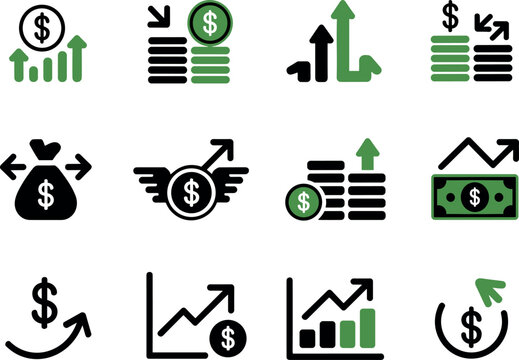 Financial growth and investment icon set charts, money bags, finance, icon, set, money, dollar, currency, growth, investment, and economic indicators