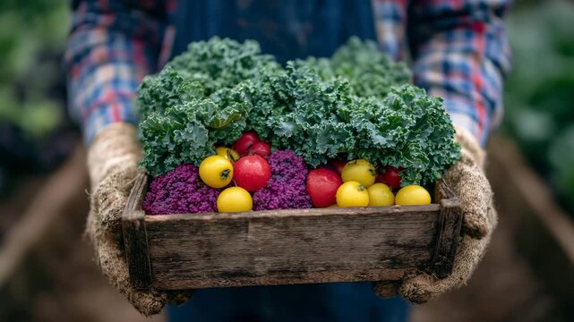 6Rustic wooden box filled with freshly picked vegetables held by gloved hands, vibrant reds, yellows, and greens contrasting against earthy tones, evoking abundance and joy