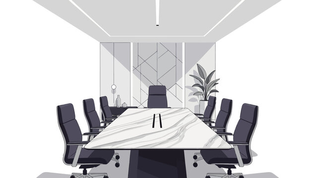 Monochromatic modern conference room with large marble table and executive chairs