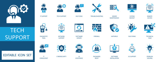 Tech Support Icon Set. Includes AI assistance, cybersecurity, 5G support, and system maintenance icons for web, apps, and technical presentations. Editable vector.