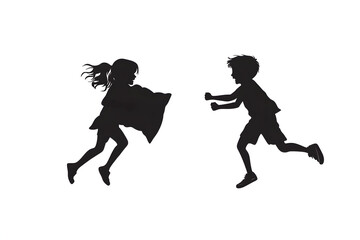 Obraz premium Shadow Play: A silhouette captures a playful interaction between a young girl and a boy in a spirited game, highlighting youthful energy and imagination.