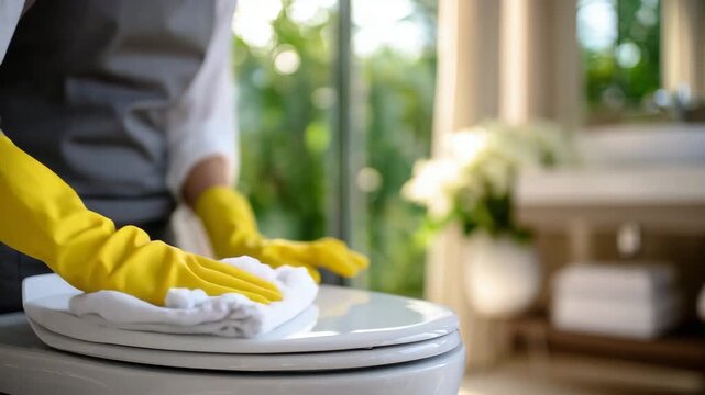 14Woman wearing bright yellow gloves scrubbing a white toilet in a spotless bathroom, sunlight streaming through a window, creating a clean and hygienic atmosphere