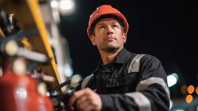 17Maintenance technician in hard hat checking pressure needle on extinguisher, multiple units lined up, dramatic industrial lighting creating strong highlights