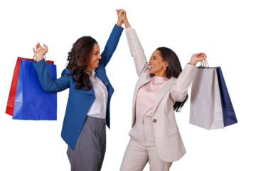 Happy businesswomen celebrating shopping success, receiving good news, expressing achievement and excitement with purchases