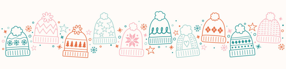 Christmas banner in cartoon style. Background decorated with winter hats. Vector illustration