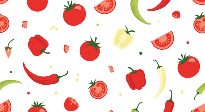 Vibrant seamless pattern of various red tomatoes and hot chili peppers with green peppers and seeds scattered on white background.