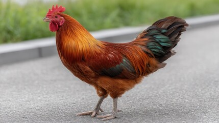 Vibrant rooster stands on ground showcasing colorful feathers in natural light during daylight hours
