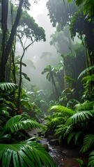 Naklejka premium Lush, verdant rainforest scene with a winding stream and dense foliage