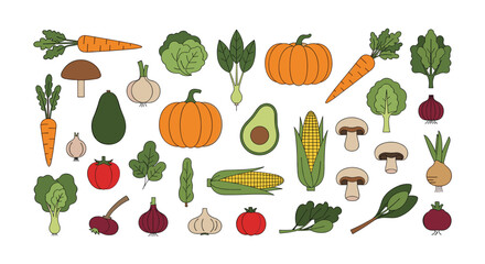 Fototapeta premium Large collection of various colorful vegetable icons including carrots, pumpkins, corn, and mushrooms in a clean flat design style.