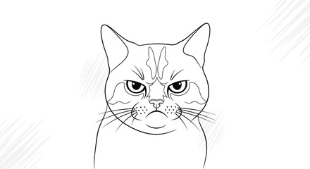 Expressive line art illustration of an angry cat face with intense eyes and furrowed brow, capturing a grumpy feline mood.
