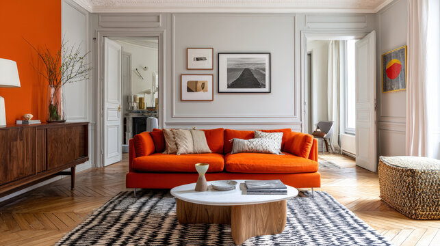 Stylish contemporary living room featuring a bold orange couch, chevron hardwood floors, and elegant wall paneling. A perfect blend of mid-century furniture and modern decor in a bright apartment