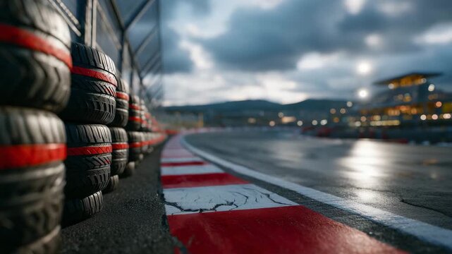 30Rows of tightly compressed red and black tires set along the boundary of a motorsport facility, cloudy sky reflecting on rubber surfaces, worn asphalt foreground adding authenticit