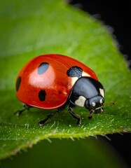 Obraz premium Macro shot of a ladybug on a vibrant green leaf, sharp focus