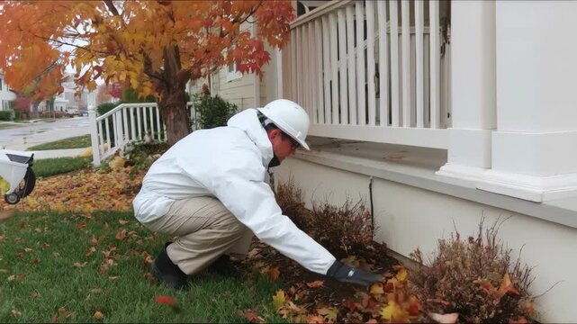Specialist inspects a house perimeter while laying down chemical treatment for termite prevention in soil.