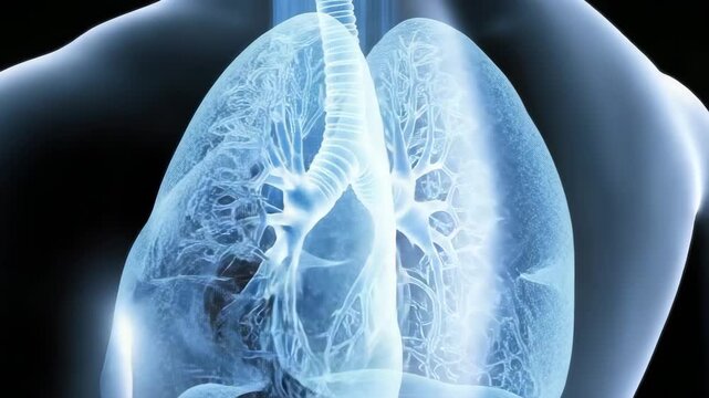 Human lungs and trachea anatomy in blue color on dark background