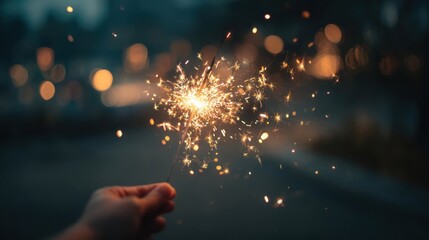 Close-up of sparkler creating golden light streaks, hand holding it against blurred party background