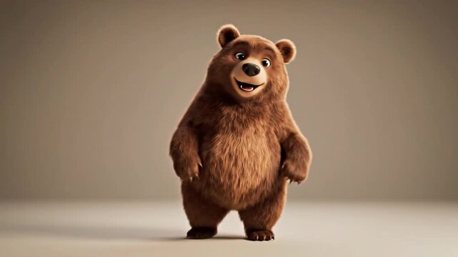 A friendly, cute brown cartoon bear standing upright with a happy expression on a plain background.