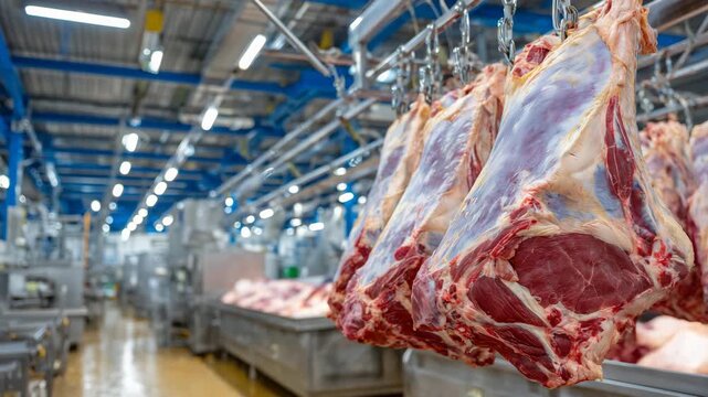 38Industrial meat plant interior with beef carcasses suspended in a refrigerated chamber, metal hooks and rails reflecting bright fluorescent lights, cold and sterile environment emp