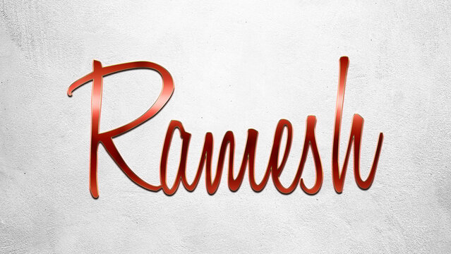 Red 3D text effect of Hindi name Ramesh on silver background.
