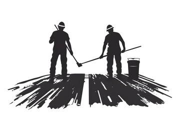 Road Workers: Two road workers diligently painting a fresh line on the road surface, ensuring clarity and safety for all commuters. A symbol of community effort and dedication.