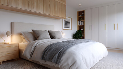 Scandinavian Inspired Master bedroom with pale wood.
