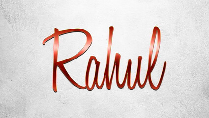 Red 3D text effect of Hindi name Rahul on silver background.