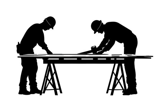 Construction Silhouette: Two construction workers working together diligently at a work site. Focused on their task, they collaborate, illustrating the essence of teamwork and skillful craftsmanship. - Powered by Adobe