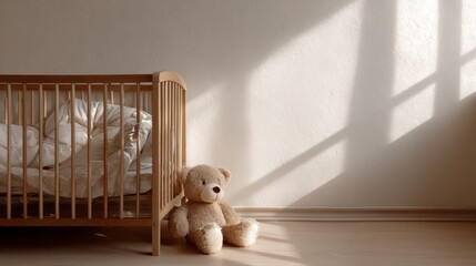 A peaceful nursery space captures a warm wooden bed frame positioned beside a soft teddy bear on the floor. Soft sunlight streams in, creating a calm ambiance perfect for rest and dreams