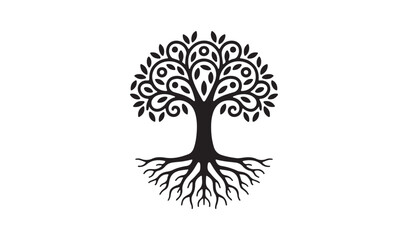 Intricate black silhouette of a tree of life with detailed roots and ornate foliage, symbolizing growth, connection, and wisdom.