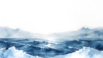 Watercolor painting of a stormy blue sea with distant misty mountains under a bright sky, rendered in a serene artistic style.