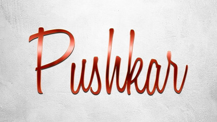 Red 3D text effect of Hindi name Pushkar on silver background.