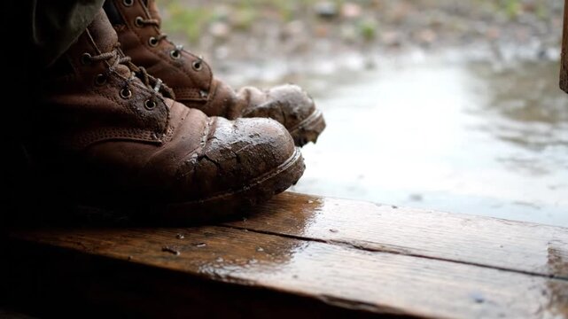 Worn Brown Boots Caked in Mud on a Damp Wooden Surface After Rain