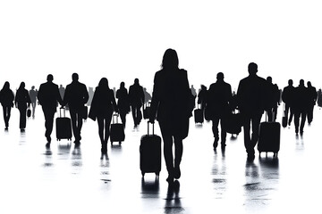 Traveling in Silhouette: A crowd of travelers, each a silhouette against a bright backdrop, journeys with luggage in transit, capturing the essence of constant movement and globetrotting adventures. 