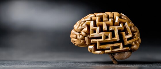Human brain in maze shape set against a dark sky background with hyper-realistic detail showcasing complexity and depth