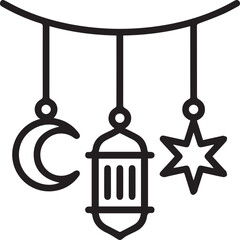 Ramadan Kareem hanging decorations line icon set with lantern, crescent moon and star.
