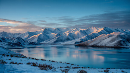 sunrise over snow-capped mountains and lakes in winter