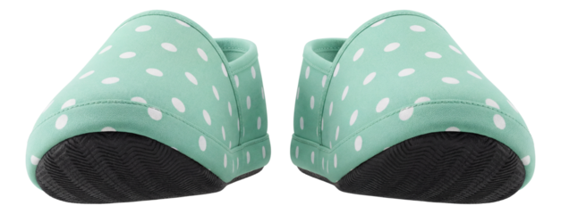 Mint green polka dot slippers with a non-slip sole.