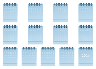 Blue desktop calendar template featuring clean grid layout, spiral-bound planner mockup with monthly pages for 2026 organization