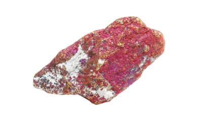 A colorful chalcopyrite mineral with golden flecks on a white isolated background, exhibiting pink iridescence and metallic sheen. Great for collectors or scientific exhibits.