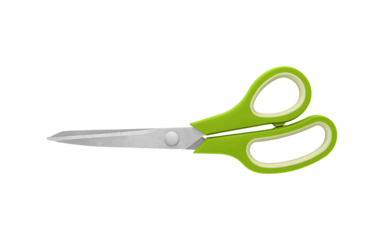 A pair of Green handled scissors in closed position on a white background, featuring sharp stainless steel blades and ergonomic grips. Ideal for office or craft use with clean, isolated design.