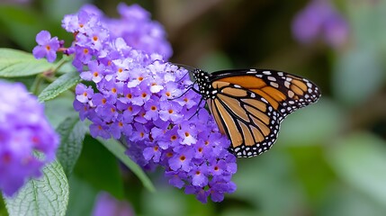 Monarch butterfly feeding on purple blooms; vibrant close-up of insect and foliage