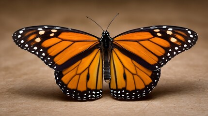 Monarch butterfly with orange and black wings, open, with detailed patterns, on a brown background