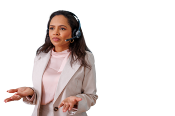 Professional woman wearing headset and talking, providing customer support or online consultation, transparent background