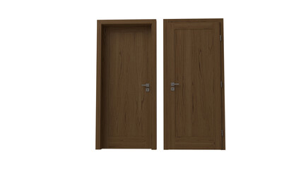 Modern Internal Wood Doors with Silver Handles. Front View of Pair of Oak or Pine Doorways for House Renovation, Room Entrance, and Architectural Projects.