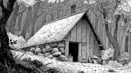 Monochrome illustration of a rustic cabin amidst a snowy forest with detailed textures